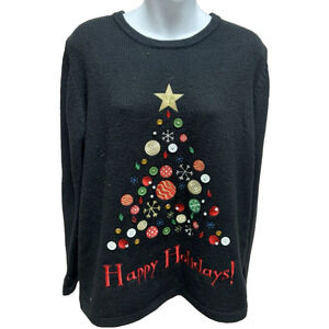 Womens Ugly Sweater Size Large Black Christmas Tree Holidays Pullover Tacky